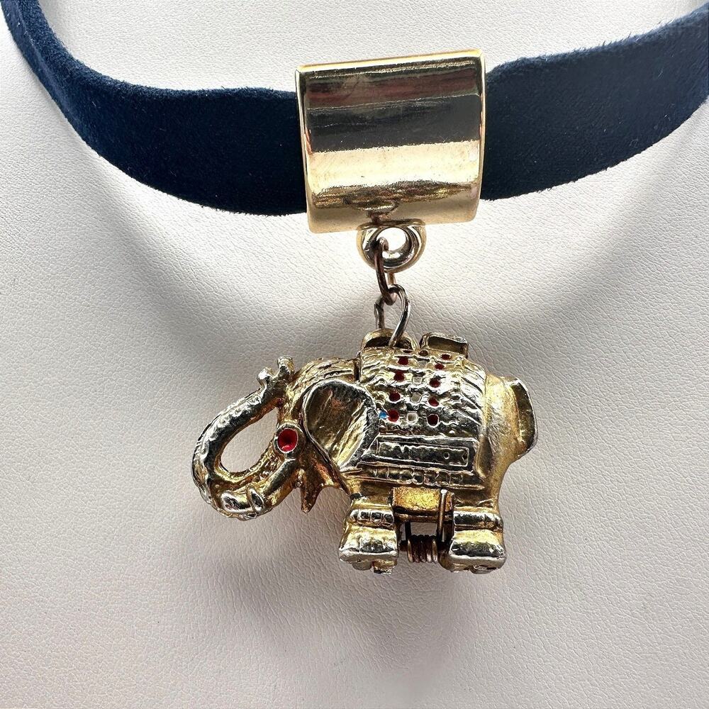 Vintage 90s Gold Tone Elephant Choker Necklace Red Crystal Eye Black Suede Cord